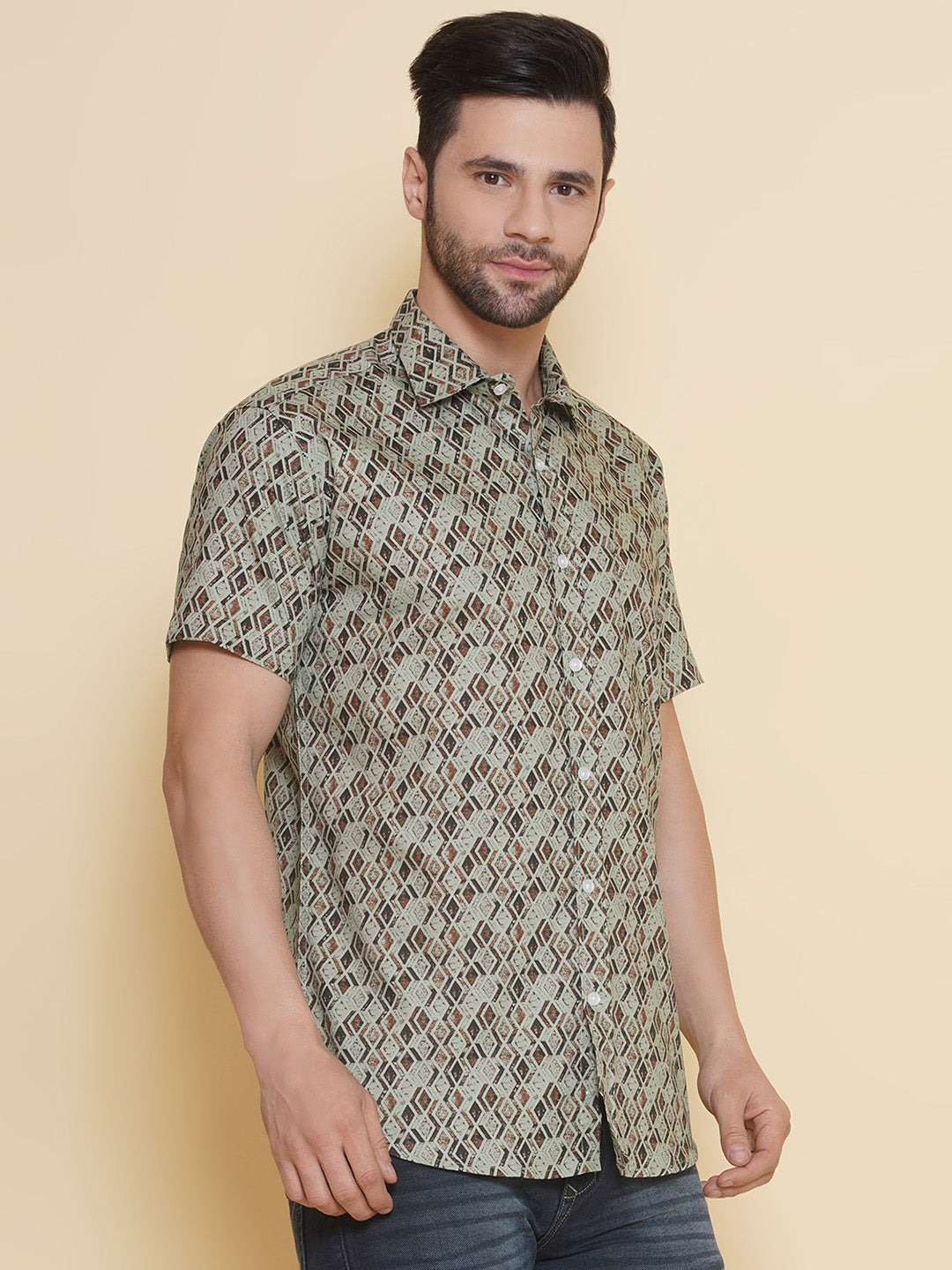 Louis Monarch Men Regular Fit Green Printed Spread Collar Casual Half Shirt